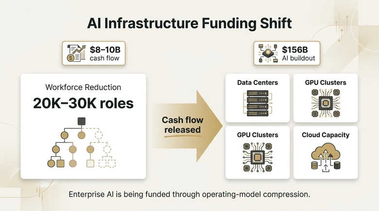 Oracle AI funding shift showing workforce cuts freeing cash flow for data centers GPU clusters and cloud infrastructure