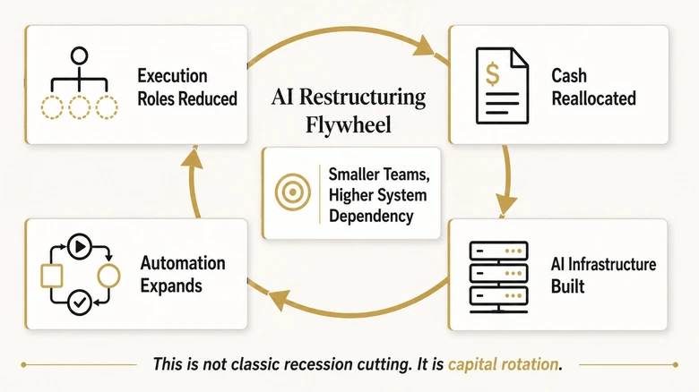 AI driven workforce restructuring flywheel showing automation savings funding infrastructure and smaller operating teams