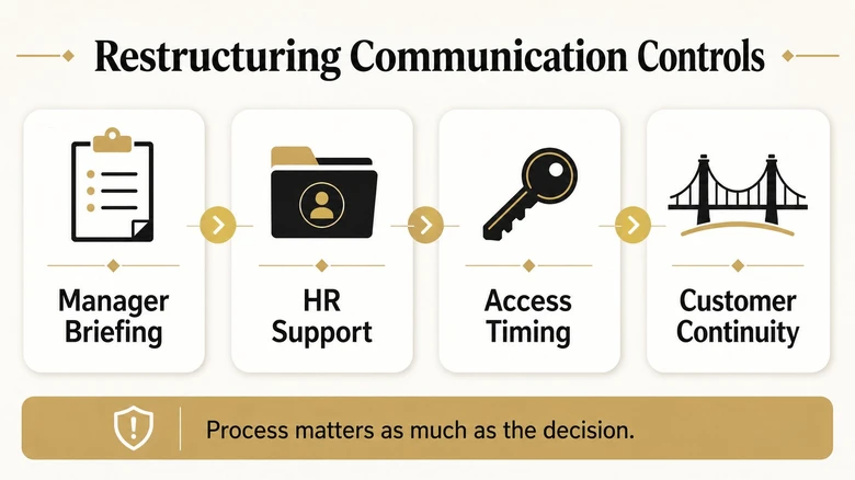 Restructuring communication controls showing manager briefing HR support system access and timing safeguards