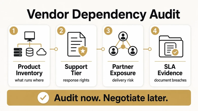 Oracle customer vendor dependency audit showing product inventory support tiers partner exposure and SLA documentation