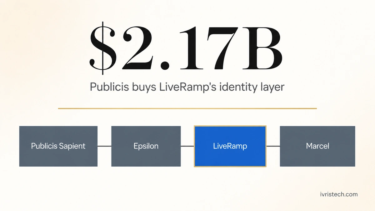 Publicis Power of One agentic stack diagram showing Publicis Sapient, Epsilon, newly acquired LiveRamp highlighted in blue with gold accent, and Marcel, with 2.17 billion dollar acquisition price headline.