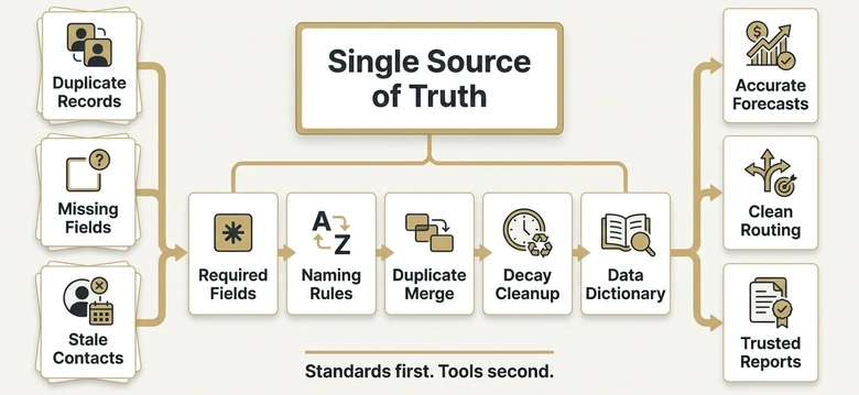 RevOps data governance layer showing required fields naming conventions duplicate management decay cleanup and data dictionary