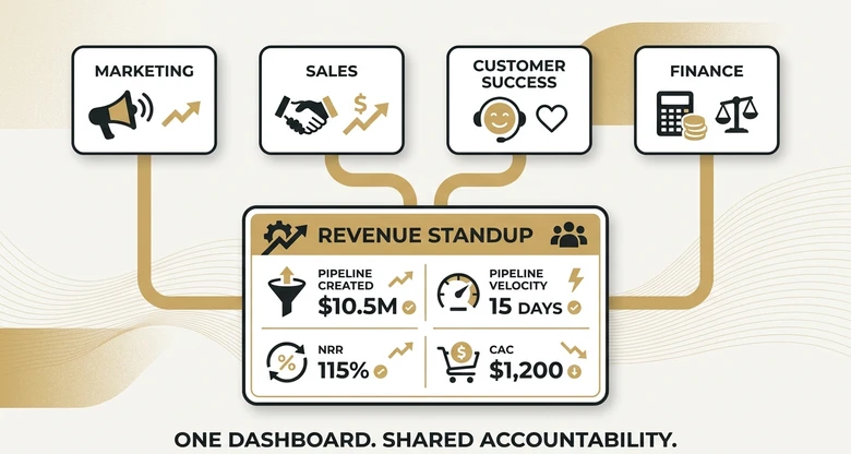 RevOps shared revenue metrics scorecard showing pipeline created pipeline velocity net revenue retention and CAC owned across teams