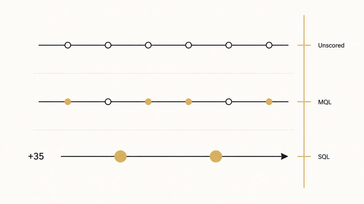 B2B SaaS lead scoring framework showing the journey from unscored prospects through MQL qualification to SQL handoff with point-weighted signal scoring