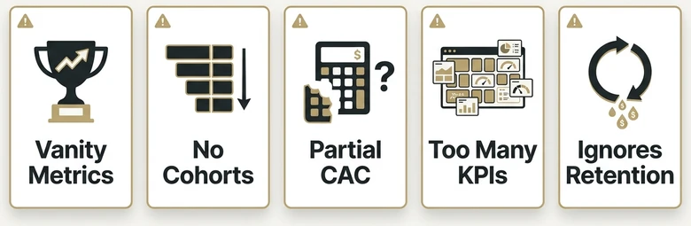 Common SaaS marketing metrics mistakes including vanity metrics no cohorts partial CAC too many KPIs and ignoring retention