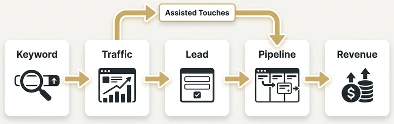 SaaS content marketing attribution chain from keyword ranking and traffic to leads pipeline and revenue