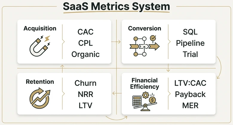Four categories of SaaS marketing metrics showing acquisition conversion retention and financial efficiency KPIs