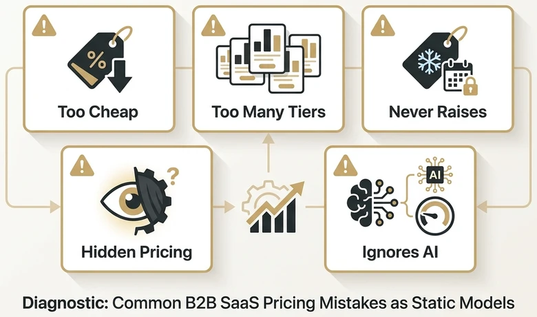 Five SaaS pricing mistakes including pricing too low too many tiers never raising prices hiding pricing and ignoring AI pricing