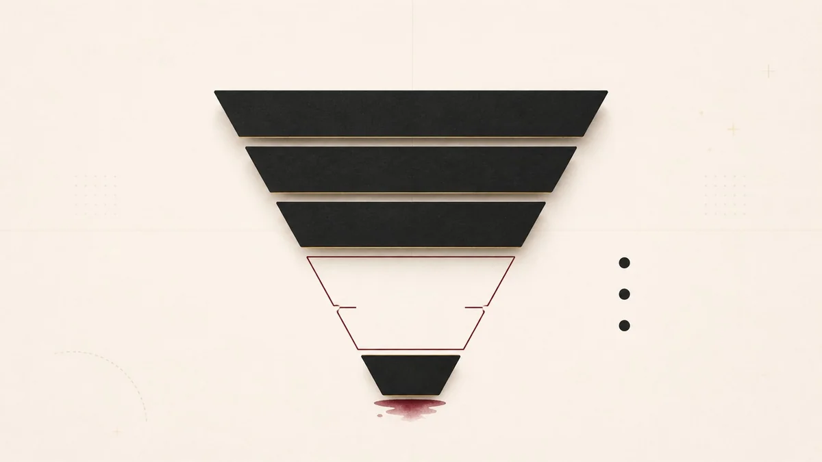 SaaS sales funnel with the trial-to-paid middle stages rendered as an empty burgundy outline and a small burgundy spill at the funnel exit