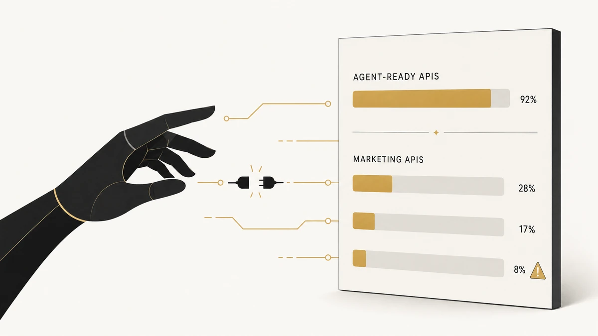 AI agent hand blocked by a broken API connector beside a report card comparing agent-ready APIs and marketing APIs.