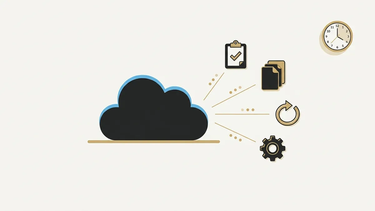 Diagram of Salesforce Agentforce Operations showing a dark cloud icon branching into four workflow outputs — a checklist, document stack, refresh cycle, and settings gear — with a clock in the upper right, representing automated back-office processes like vendor onboarding, compliance, and approval routing.