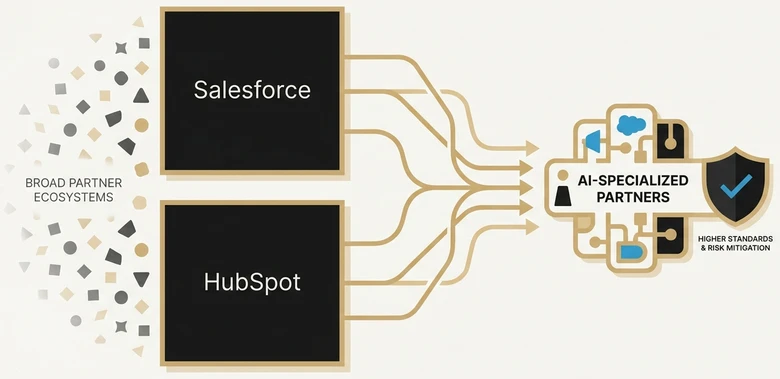 Salesforce and HubSpot partner ecosystems shifting from broad partner pools to smaller AI-specialized firms