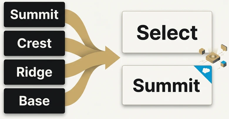 Salesforce partner program shift from four tiers to two tiers showing Summit and Select as the new model