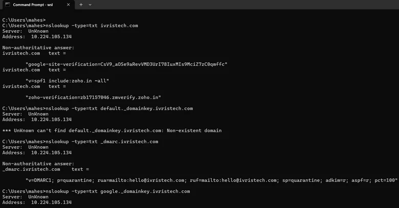 Windows command prompt screenshot showing nslookup -type=txt commands for ivristech.com SPF and DMARC record verification with the default DKIM selector returning NXDOMAIN to illustrate provider-specific selector naming