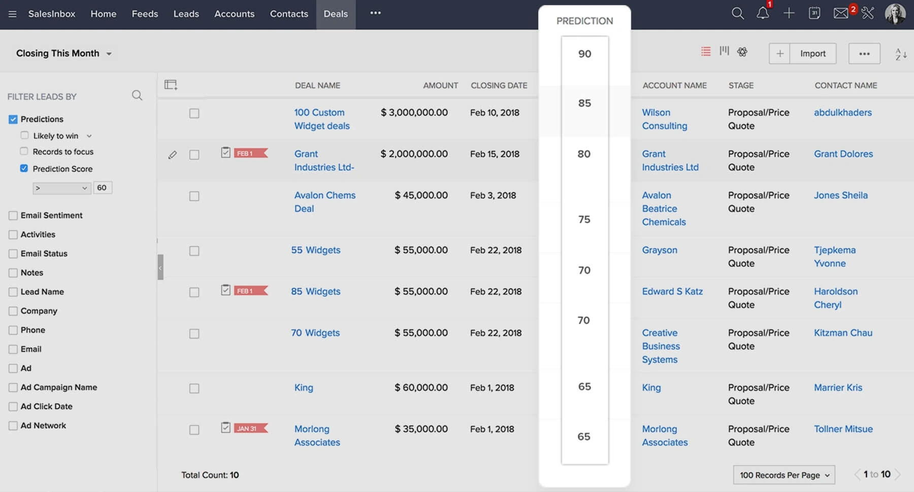 Zoho CRM deals table with Zia prediction scores highlighting deal conversion likelihood