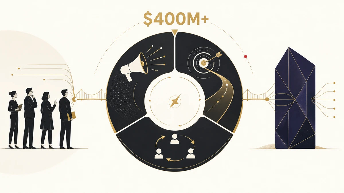 Human specialists and an AI intelligence layer connect into a $400M-plus GTM operating system for marketing, sales, and customer success.