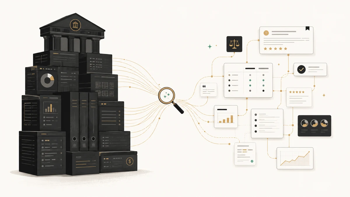 Abstract editorial illustration showing market share separating from AI citation share through proof, review, and comparison signals.