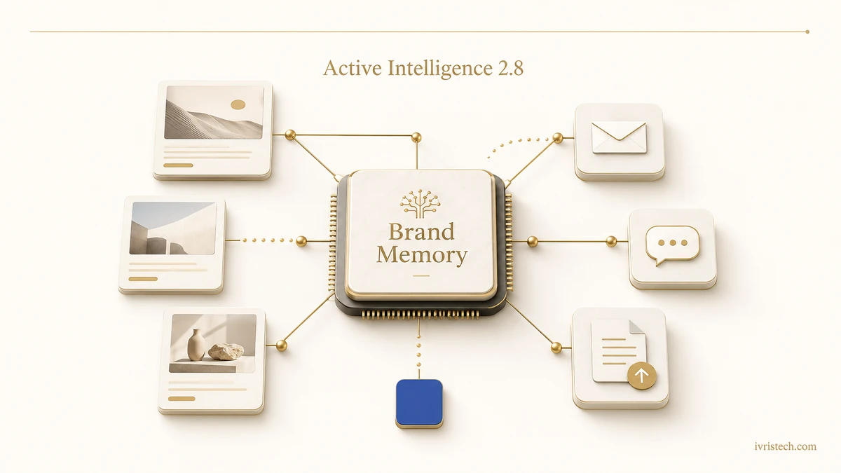 Active Intelligence 2.8 brand memory chip connected to campaign assets, messaging nodes, and uploaded content