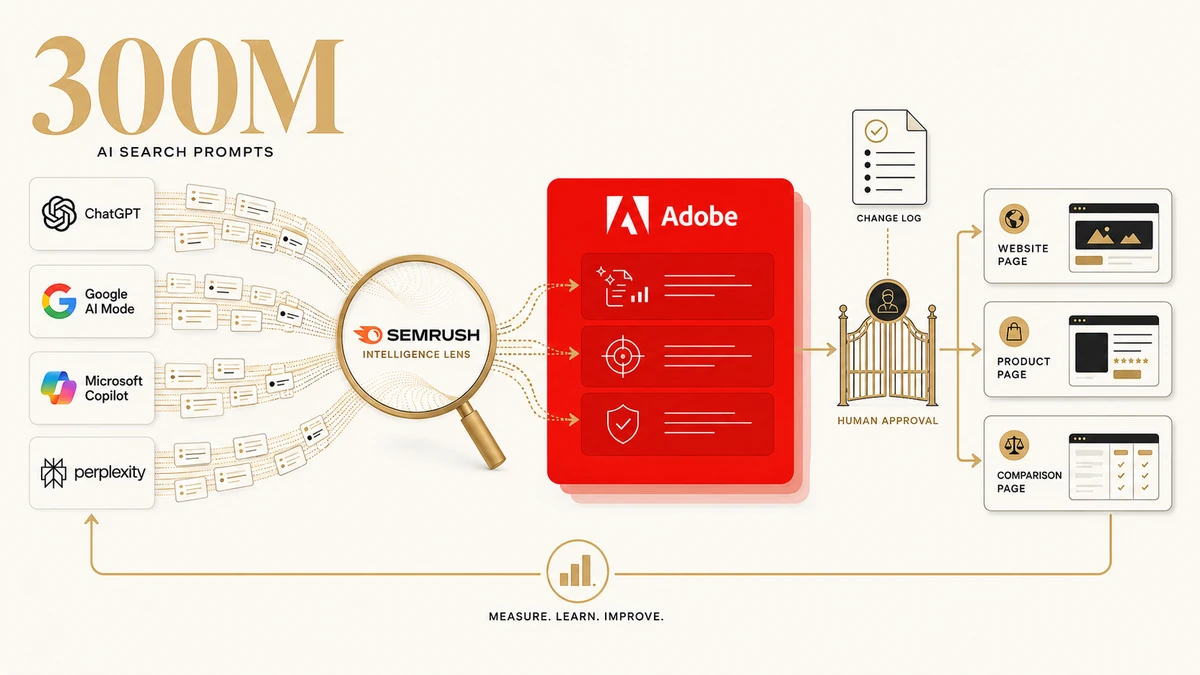 Adobe Brand Visibility turns 300 million AI-search prompts from ChatGPT, Google AI Mode, Copilot, and Perplexity into approved website content updates.
