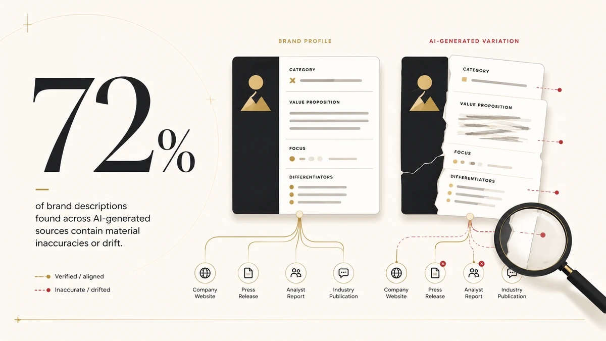 Diagram showing that 72% of AI-generated brand descriptions contain inaccuracies or message drift across public sources