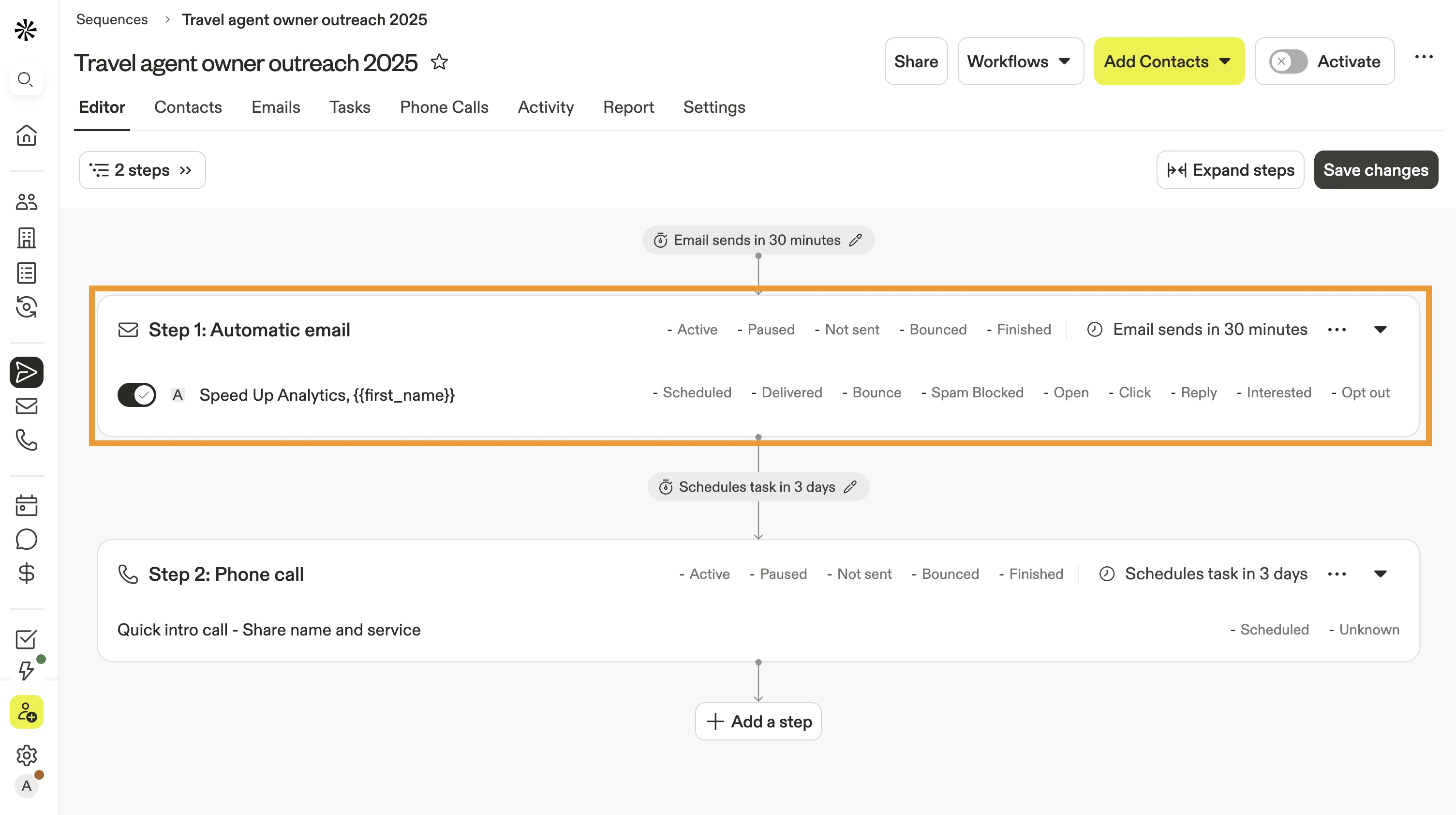 Apollo sequence editor showing an automated email step, a scheduled phone-call task, timing controls, and performance statuses