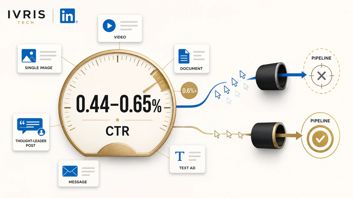 LinkedIn Ads CTR benchmark gauge showing a 0.44–0.65% average range across ad formats, with clicks compared against pipeline outcomes.