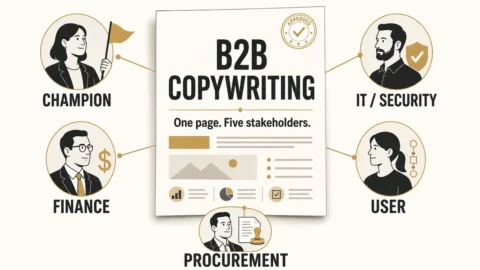 B2B copywriting read by a buying committee, with finance, IT, user, champion, and procurement roles connected to one page