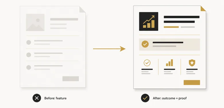 B2B copywriting example: a feature-led headline rewritten into an outcome-led headline backed by proof