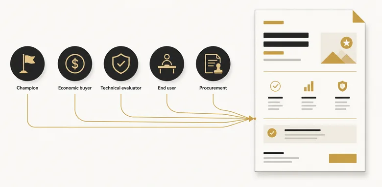The Committee-Proof B2B copywriting framework mapping five buying-committee roles to the job each piece of copy must do