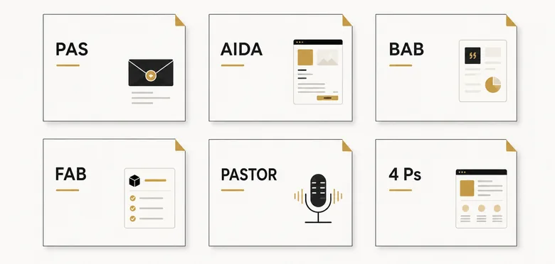 Matrix of six B2B copywriting frameworks (PAS, AIDA, BAB, FAB, PASTOR, 4 Ps) mapped to the asset each one fits best