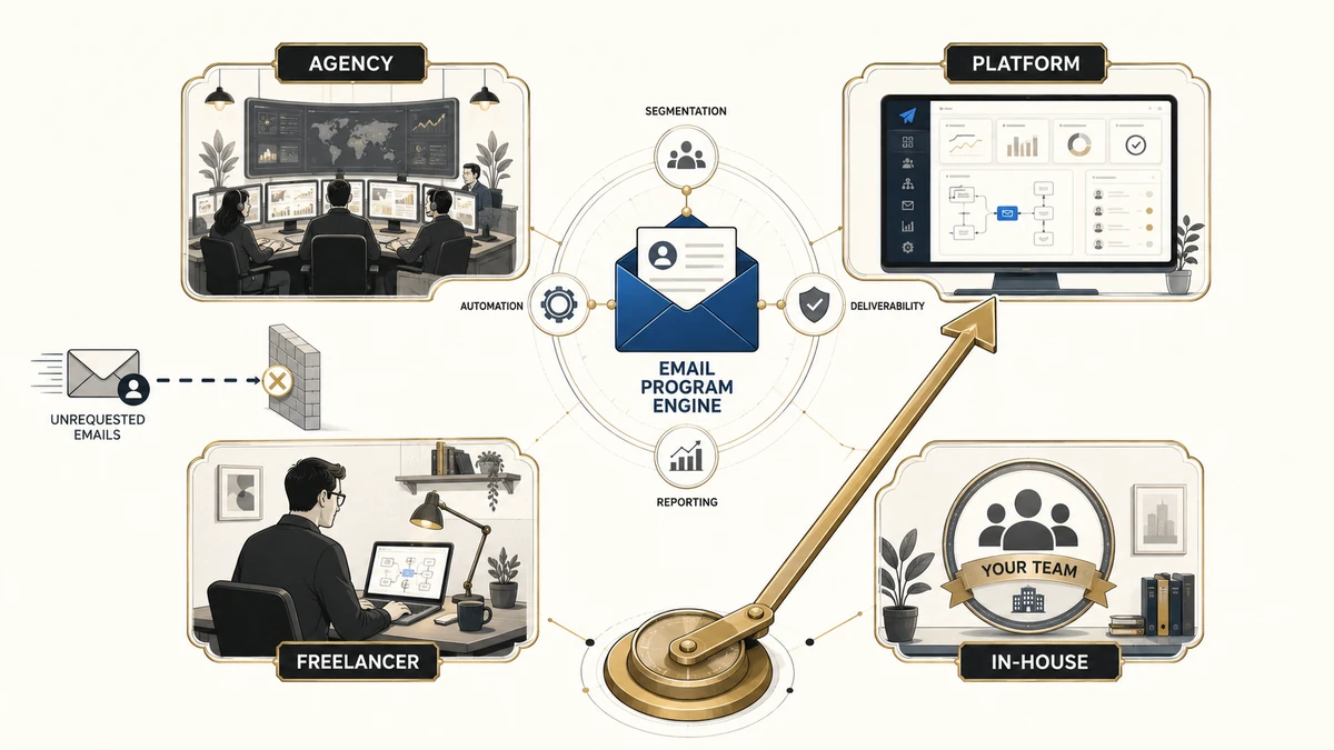 B2B email marketing service models compared across agency, platform, freelancer, and in-house options around a central email program engine.