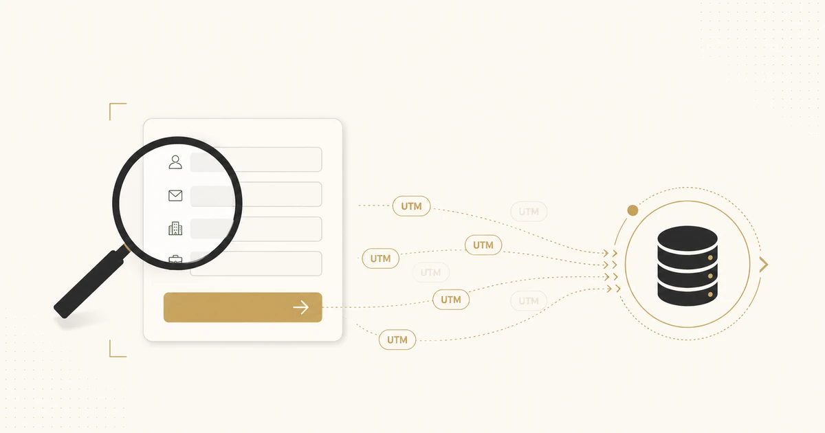 A form scanner inspects visible fields while hidden UTM campaign data flows from the submit button into a CRM database.