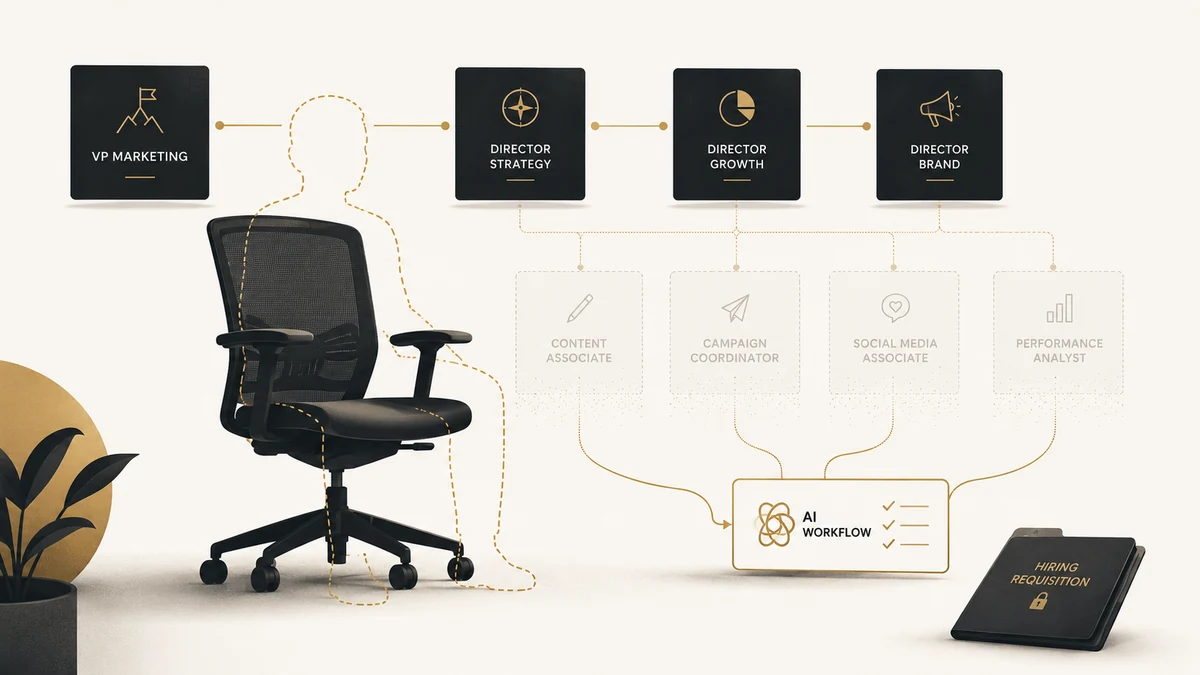 AI workflow diagram connects marketing roles to an empty chair and locked hiring requisition.