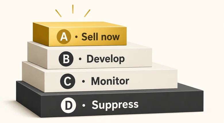 A, B, C, and D account tiers in a B2B sales reset with score bands and the routing action for each tier