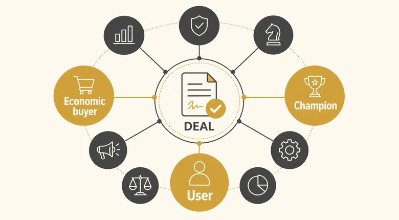Mapping access across a B2B buying committee of six to ten stakeholders including economic buyer and champion