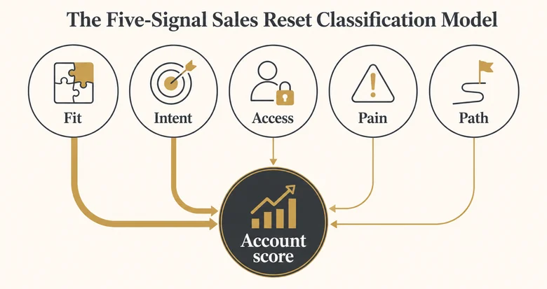 The five-signal Sales Reset Classification Model: Fit, Intent, Access, Pain, and Path feeding one account score