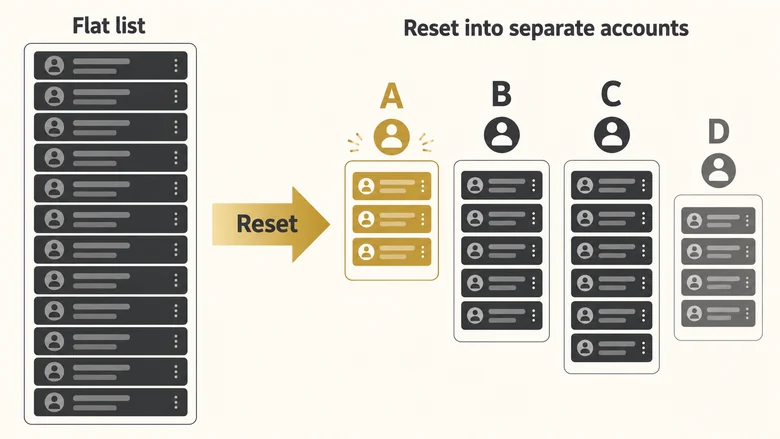 A B2B sales reset re-sorting a flat list of accounts into A, B, C, and D priority tiers