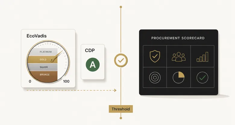 B2B sustainability marketing strategies meeting a procurement gate scored by EcoVadis and CDP supplier ratings