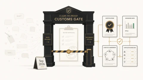 B2B sustainability claims passing through a proof gate and becoming certifications, emissions data, lifecycle evidence, and supplier scorecards.