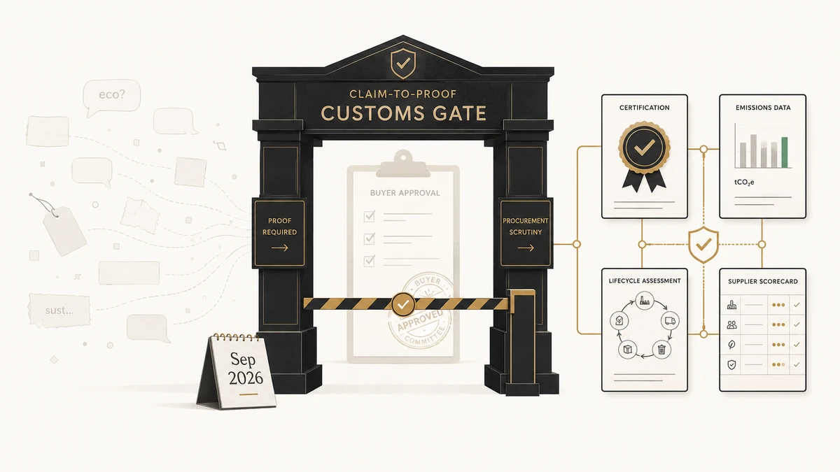B2B sustainability claims passing through a proof gate and becoming certifications, emissions data, lifecycle evidence, and supplier scorecards.