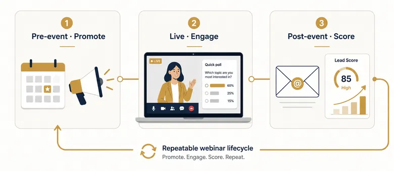 Diagram of the B2B webinar lead generation lifecycle across pre-event, live, and post-event stages