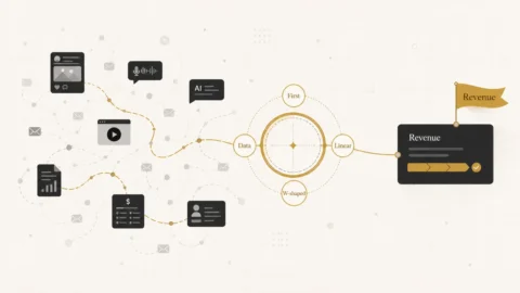 B2B attribution software illustration showing scattered marketing touchpoints connected through attribution models into a revenue outcome