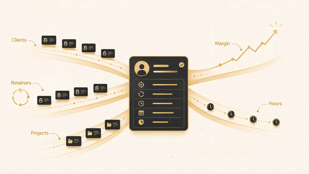 Agency CRM illustration showing client records, retainers, projects, billable hours, and margin flowing through one central client management system