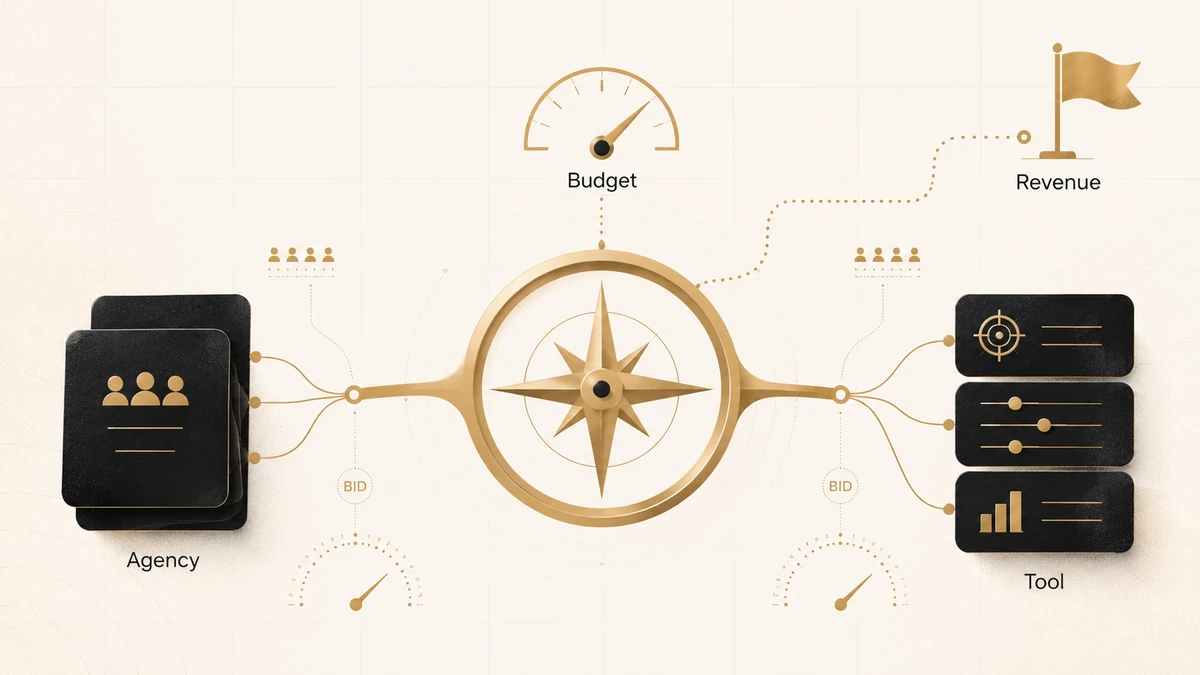 LinkedIn ads tools and agencies illustration showing an agency path and tool path connected by budget, bid, targeting, and revenue signals