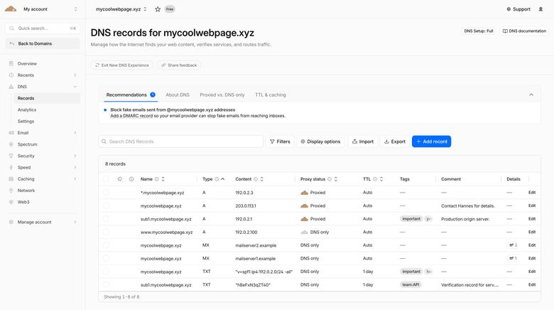 Cloudflare DNS records dashboard showing A, MX, TXT, and SPF-style records with a DMARC recommendation