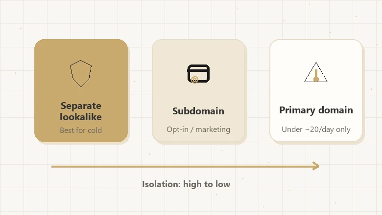 Decision visual comparing a separate lookalike cold email domain, a subdomain, and the primary domain by risk and use case