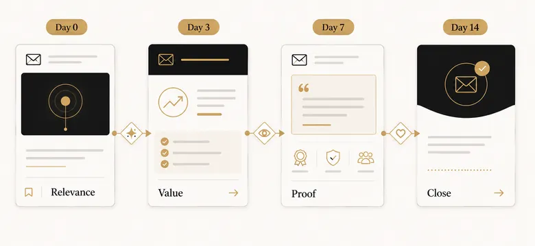 Cold email follow up sequence showing four emails from initial relevance through proof and a polite close