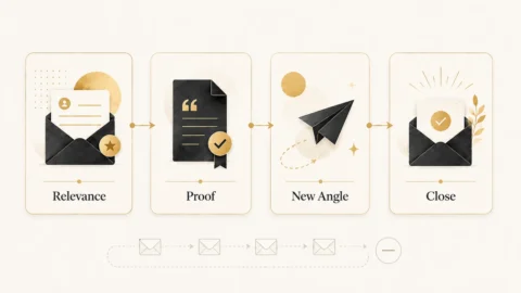 Cold email follow-up sequence progressing through relevance, proof, a new angle, and a polite close.