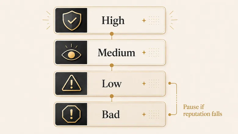 Cold email follow up domain reputation gate showing when sender reputation is healthy, weakening, or should trigger a pause