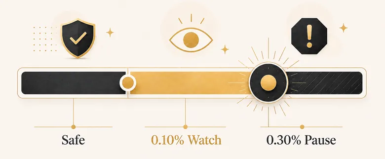 Cold email follow up spam-rate thresholds showing the safe zone, watch zone at 0.10%, and pause threshold at 0.30%